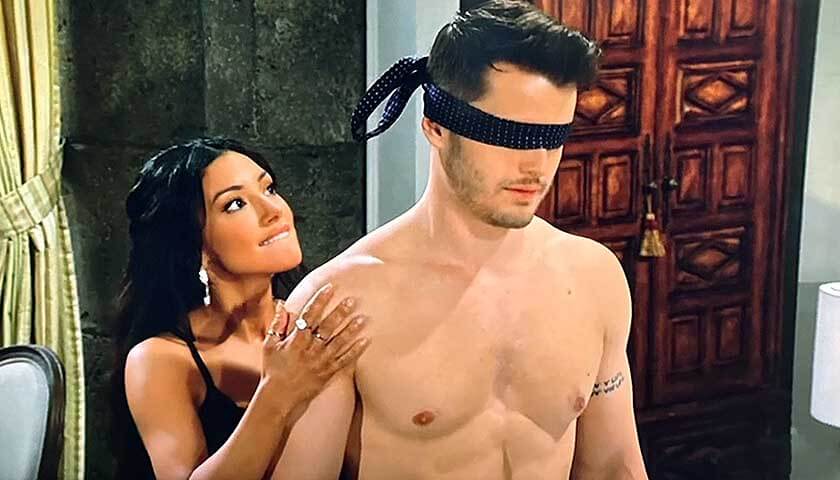 Y&R Scoop: Audra wraps Kyle's tie around his eyes