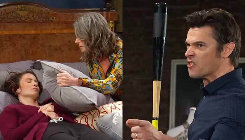 Days Of Our Lives: Fiona puts a pillow over Sarah's face as Xander holds a baseball bat