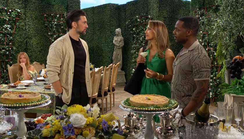 Y&R Scoop: Cane approaches Lily and Damian in the dining area of the chateau