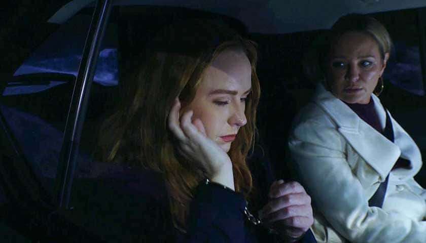 Y&R Scoop: A handcuffed Mariah sits in the back of Burrow's vehicle beside Sharon