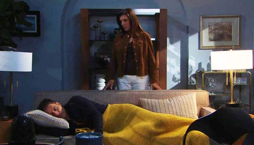 B&B Scoop: Sheila stands over the couch as Deacon pretends to sleep