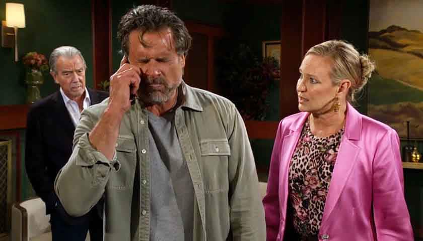 Y&R Scoop: Nick grimaces in pain as a concerned Sharon and Victor look on