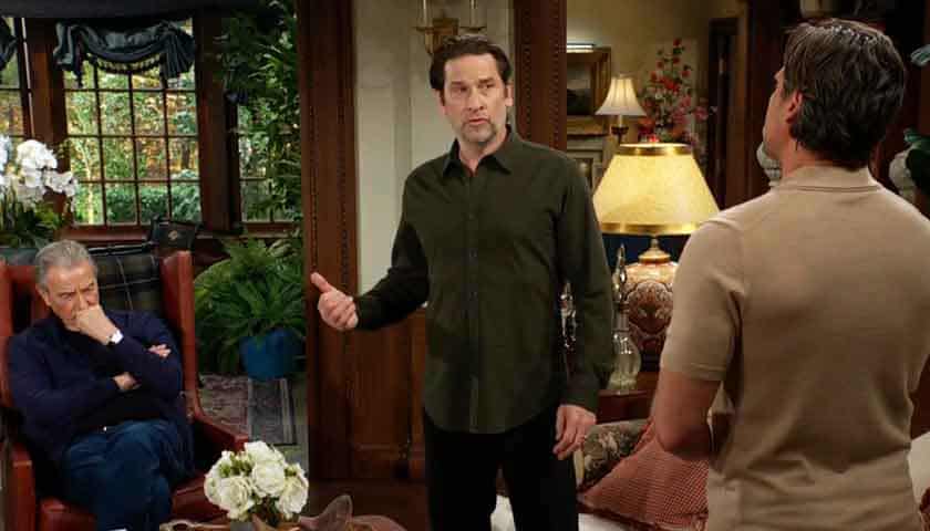 Y&R Scoop: A freshly showered Matt points his thumb at Victor as he talks to Nick