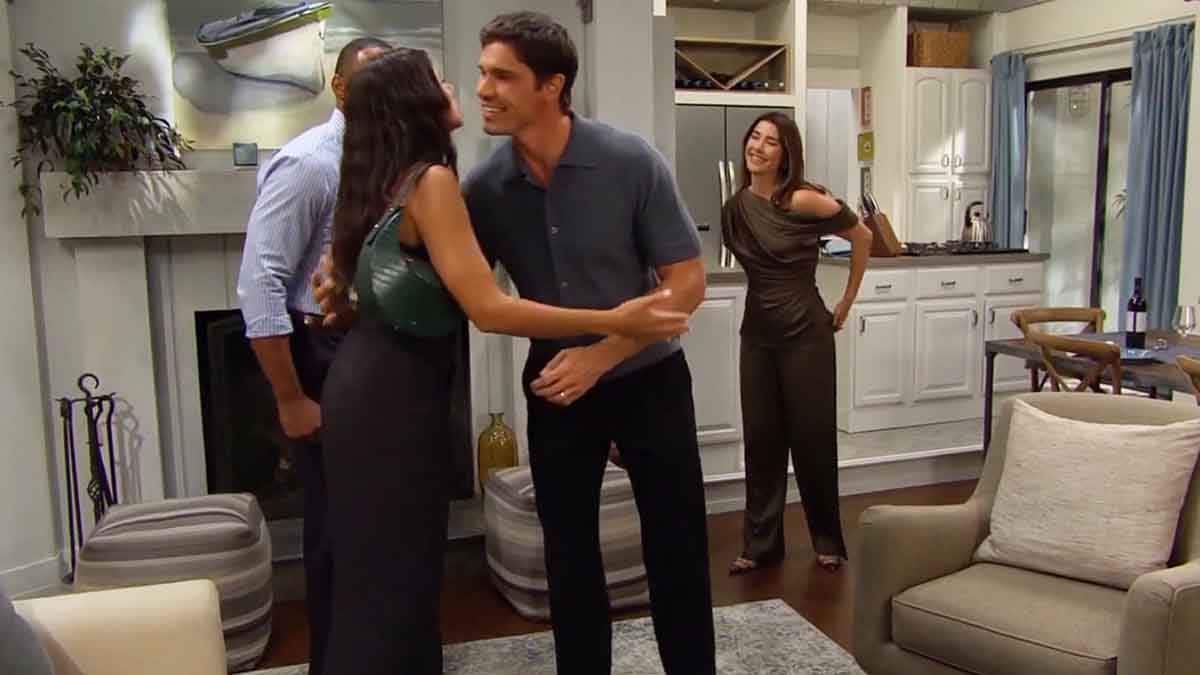 Finn and Steffy greet Daphne and Carter on Bold and the Beautiful
