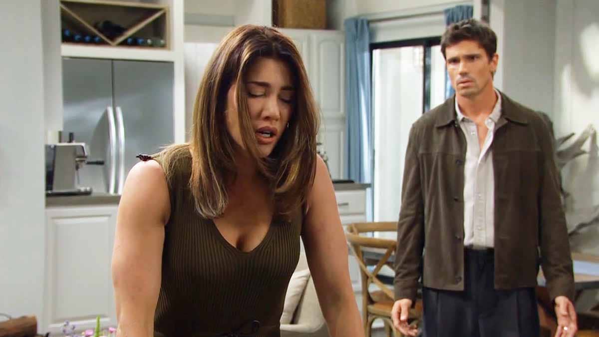 Emotional Steffy with Finn at the cliff house on Bold and the Beautiful