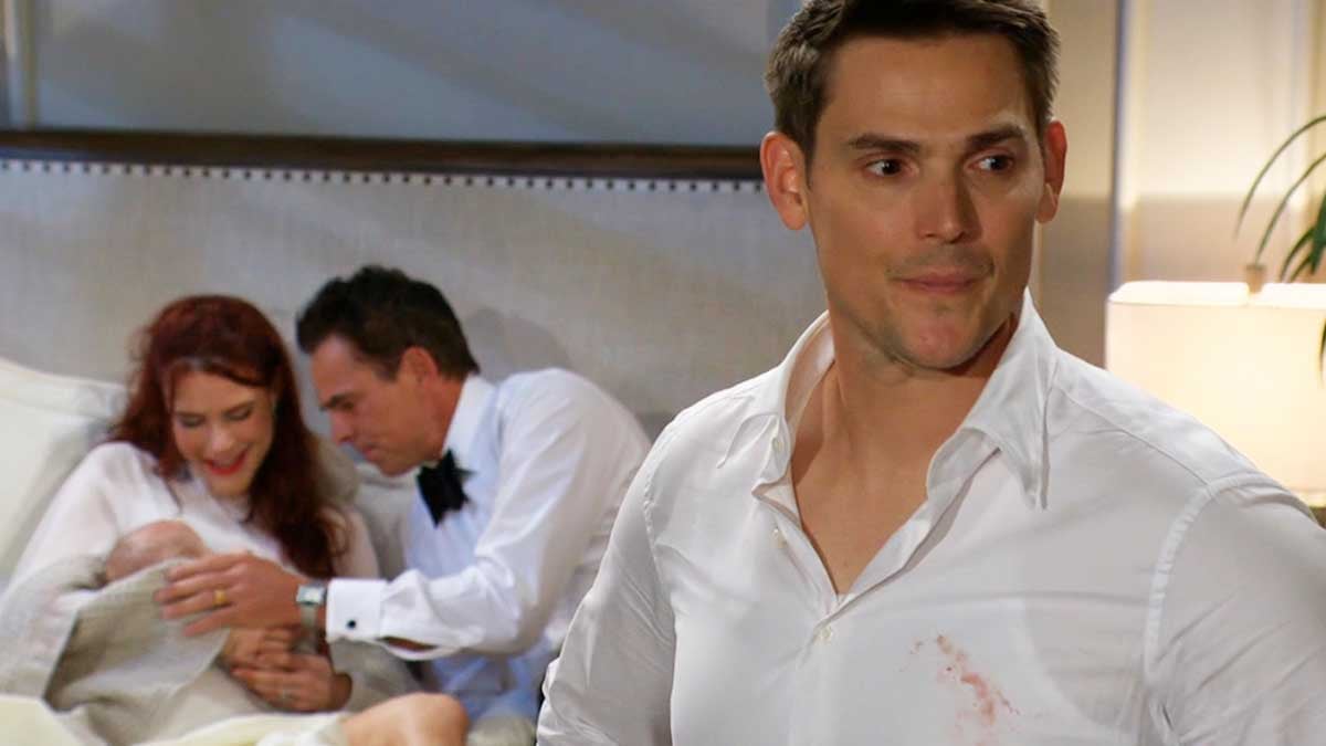 Adam looks sad, as Billy and Sally hold their baby on Young And The Restless